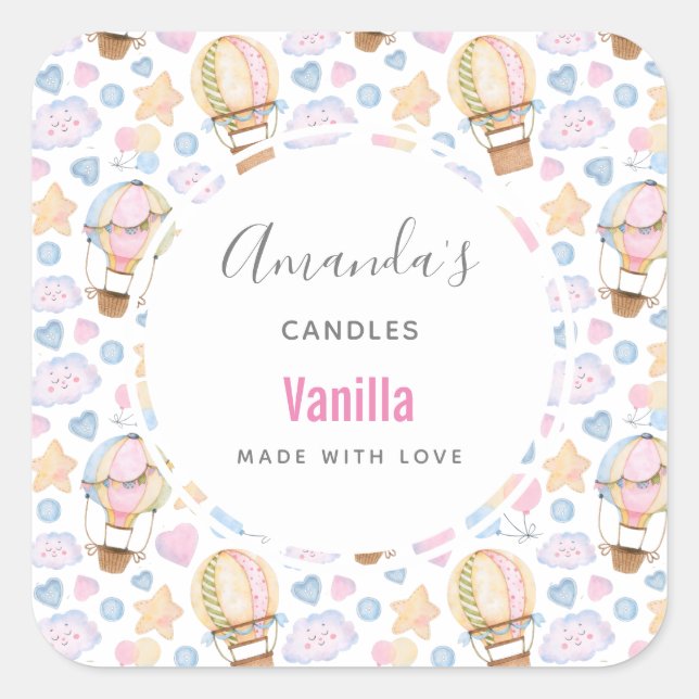 Pegatina Cuadrada Balón de aire caliente Patrón de acuarela Scent (Anverso)