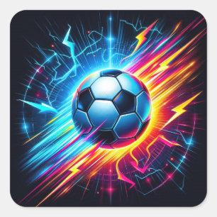 Pegatina Cuadrada Balón de fútbol eléctrico futurista relámpago