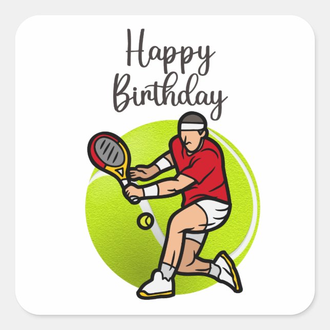 Pegatina Cuadrada Balón de tenis con cumpleaños feliz (Anverso)