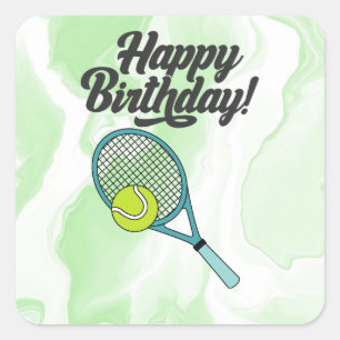 Pegatina Cuadrada Balón de tenis con cumpleaños feliz