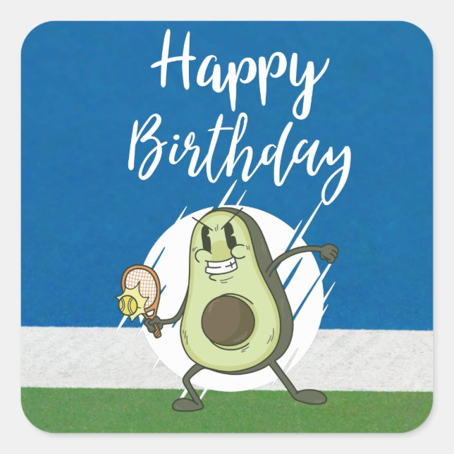 Pegatina Cuadrada Balón de tenis con cumpleaños feliz con aguacate (Anverso)