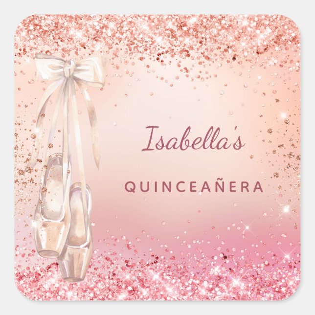 Pegatina Cuadrada Baloncesario rosa purpurina rosa de Quinceanera (Anverso)