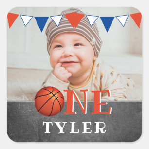 Pegatina Cuadrada Baloncesto Ball ONE Chalkboard Foto Primer cumplea