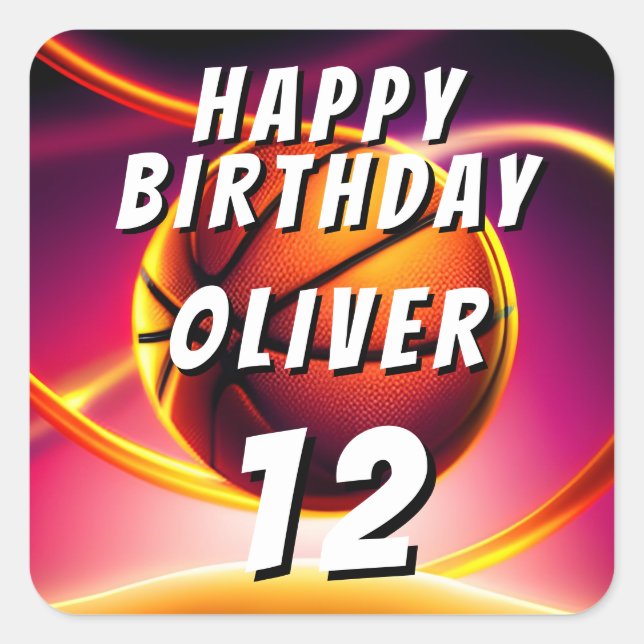 Pegatina Cuadrada Baloncesto Ball Vivid Sports Happy Birday (Anverso)