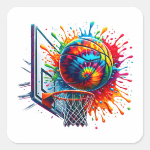 Pegatina Cuadrada Baloncesto colorido Tie Dye Color Splash Basketbal