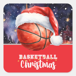 Pegatina Cuadrada Baloncesto con sombrero Santa para Navidades