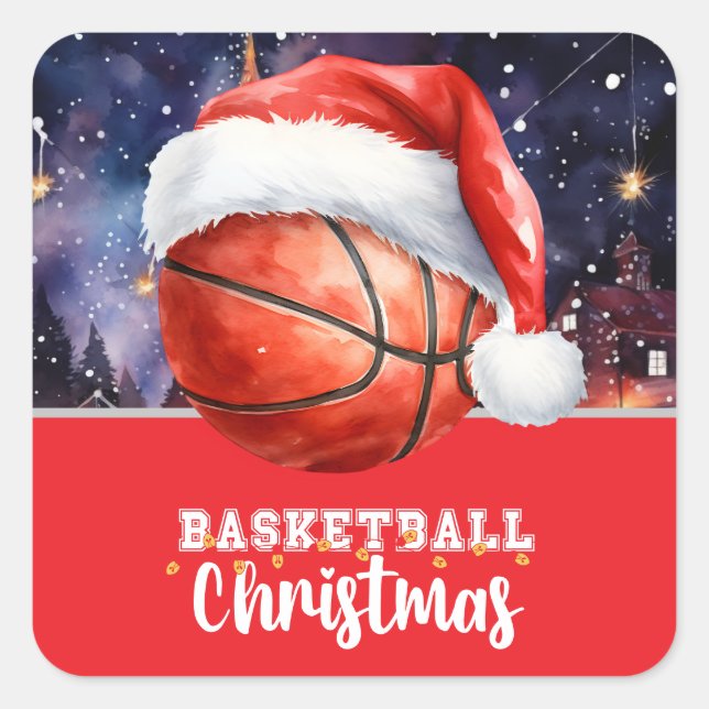 Pegatina Cuadrada Baloncesto con sombrero Santa para Navidades (Anverso)