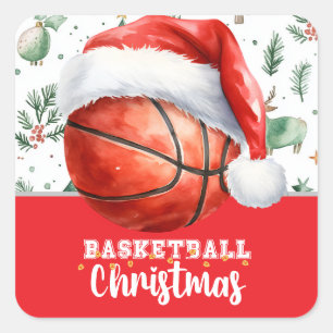 Pegatina Cuadrada Baloncesto con sombrero Santa para Navidades