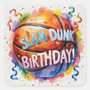 Pegatina Cuadrada Baloncesto Cumpleaños Tema