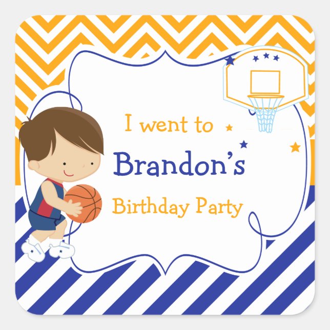 Pegatina Cuadrada Baloncesto Cute Brown Hair Boy 'Fui a' (Anverso)