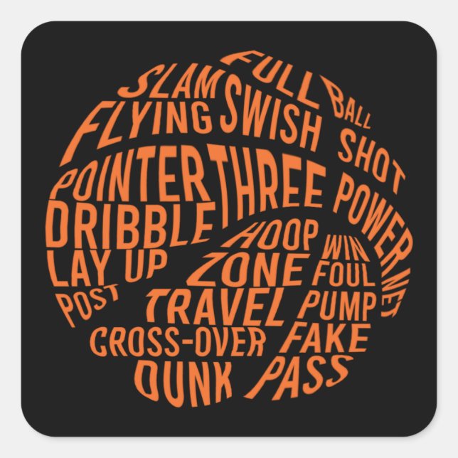 Pegatina Cuadrada Baloncesto Motivación de Word Cloud Art (Anverso)