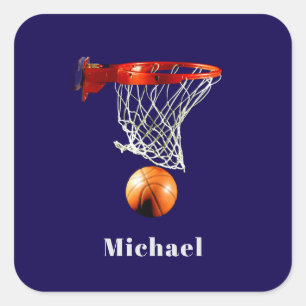 Pegatina Cuadrada Baloncesto Reemplaza con Tu Nombre