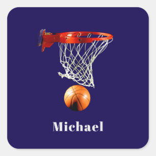 Pegatina Cuadrada Baloncesto Reemplaza con Tu Nombre