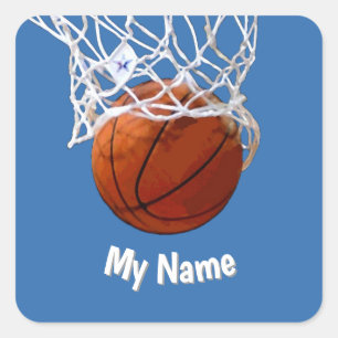 Pegatina Cuadrada Baloncesto Tu Nombre Fondo Azul Acero Personalizad