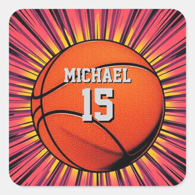 Pegatina Cuadrada Baloncesto Tu Nombre Pop Art (Anverso)