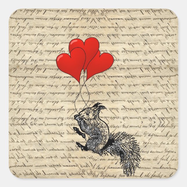 Pegatina Cuadrada Balones de ardilla y corazón (Anverso)