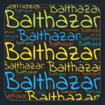 Pegatina Cuadrada Balthazar<br><div class="desc">Balthazar. Show and wear this popular beautiful male first name designed as colorful wordcloud made of horizontal and vertical cursive hand lettering typography in different sizes and adorable fresh colors. Wear your positive french name or show the world whom you love or adore. Merch with this soft text artwork is...</div>