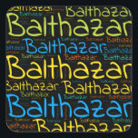 Pegatina Cuadrada Balthazar<br><div class="desc">Balthazar. Show and wear this popular beautiful male first name designed as colorful wordcloud made of horizontal and vertical cursive hand lettering typography in different sizes and adorable fresh colors. Wear your positive french name or show the world whom you love or adore. Merch with this soft text artwork is...</div>
