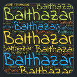 Pegatina Cuadrada Balthazar<br><div class="desc">Balthazar. Show and wear this popular beautiful male first name designed as colorful wordcloud made of horizontal and vertical cursive hand lettering typography in different sizes and adorable fresh colors. Wear your positive french name or show the world whom you love or adore. Merch with this soft text artwork is...</div>