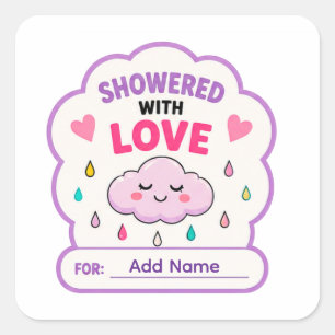 Pegatina Cuadrada ☁️ Bañado de Amor Nombre de Baby Shower ☁️