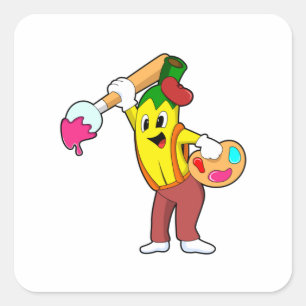 Pegatina Cuadrada Banana como pintora con pincel de pintura