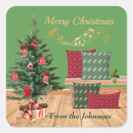 Pegatina Cuadrada Banco Acogedor Feliz Navidad