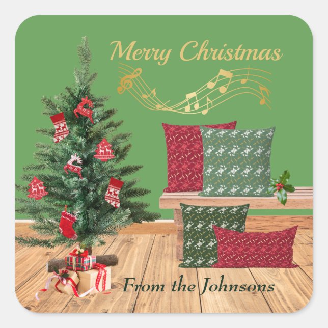 Pegatina Cuadrada Banco Acogedor Feliz Navidad (Anverso)