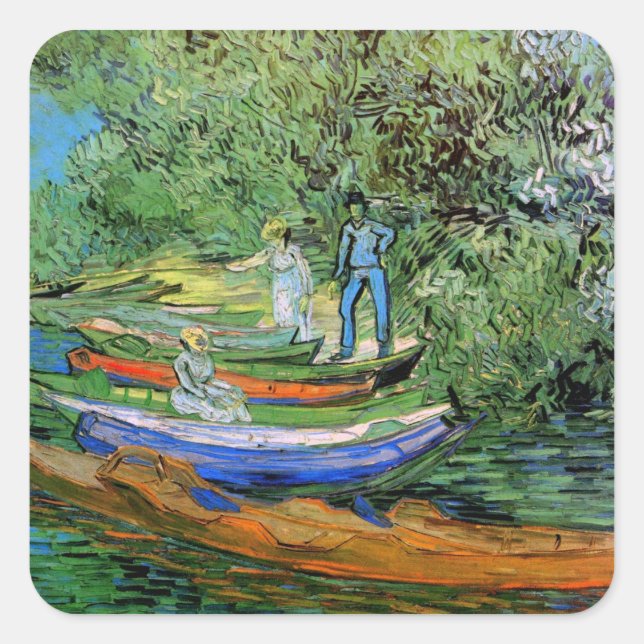Pegatina Cuadrada Banco del Oise en Auvers por Vincent van Gogh (Anverso)