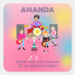 Pegatina Cuadrada Banda de chicas de música retro Birthday Party