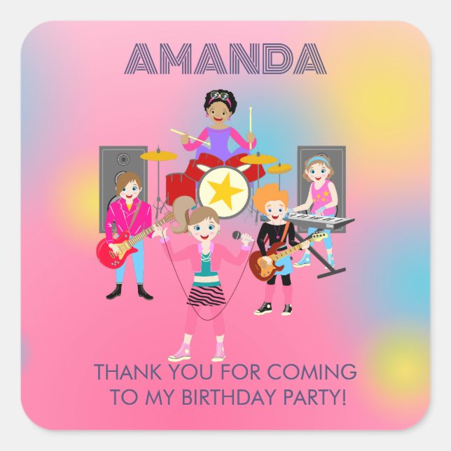 Pegatina Cuadrada Banda de chicas de música retro Birthday Party (Anverso)