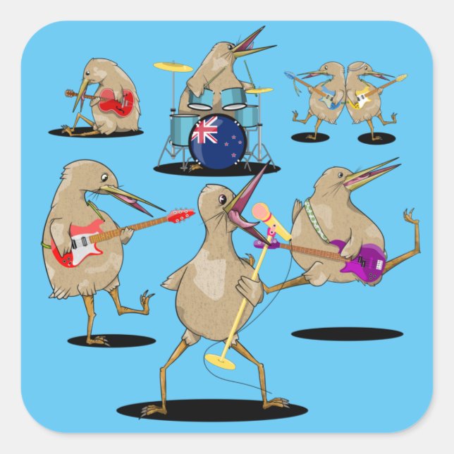 Pegatina Cuadrada Banda de Kiwi para Música NZ (Anverso)