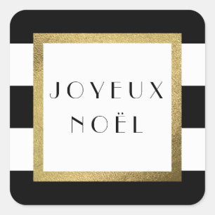 Pegatina Cuadrada Banda negra y blanca "Joyeux Noël" Navidad