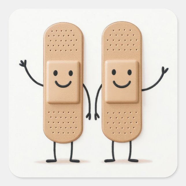 Pegatina Cuadrada Bandage Stick Figure Couple Waving (Anverso)