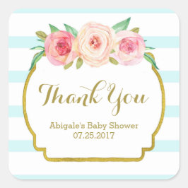Pegatina Cuadrada Bandas azules rosadas Floral Baby Shower Favags