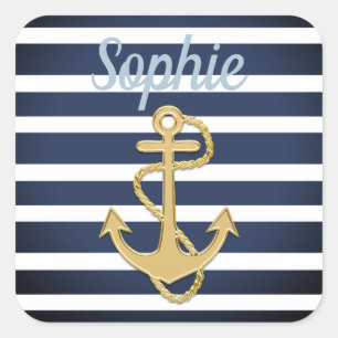 Pegatina Cuadrada Bandas azules y náuticas de oro