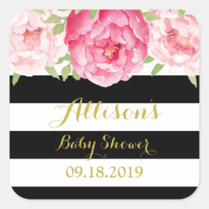 Pegatina Cuadrada Bandas negras Floral rosa Baby Shower Favorito Tag