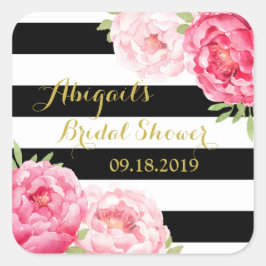 Pegatina Cuadrada Bandas negras Floral Rosa Bridal Shower Favorito E