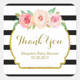 Pegatina Cuadrada Bandas negras rosadas Floral Baby Shower Favags