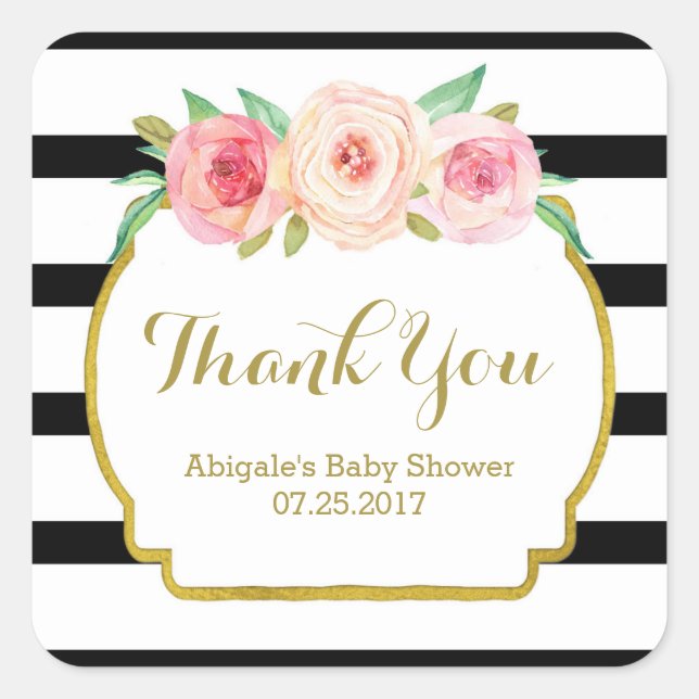 Pegatina Cuadrada Bandas negras rosadas Floral Baby Shower Favags (Anverso)