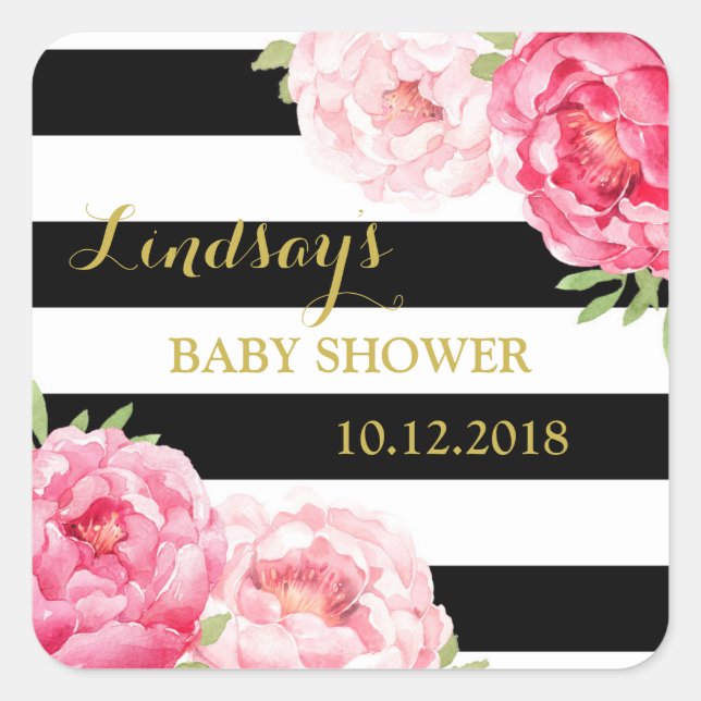 Pegatina Cuadrada Bandas negras rosadas Floral Baby Shower Favags (Anverso)