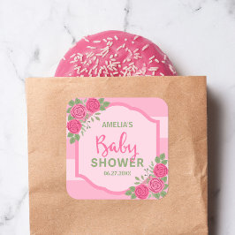 Pegatina Cuadrada Bandas y Rosas Chica rosa Baby Shower