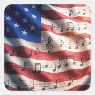 Pegatina Cuadrada Bandera Americana Con Notas Musicales