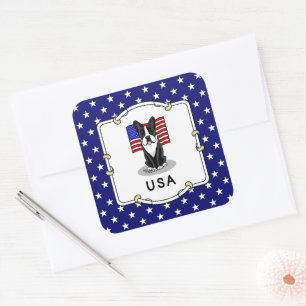 Pegatina Cuadrada Bandera americana cute Boston Terrier - (negro)