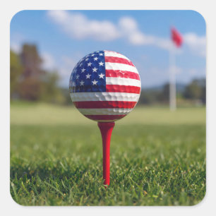 Pegatina Cuadrada Bandera Americana en una Bola de Golf