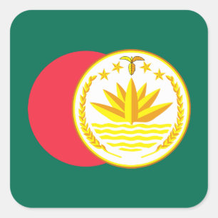 Pegatina Cuadrada Bandera bangladesí y emblema nacional, Bangladesh
