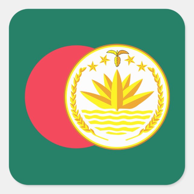 Pegatina Cuadrada Bandera bangladesí y emblema nacional, Bangladesh (Anverso)
