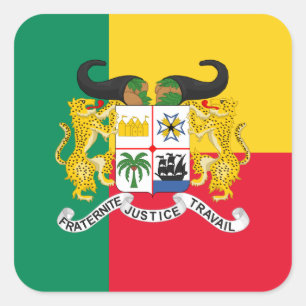 Pegatina Cuadrada Bandera beninesa y escudo de armas, bandera de Ben