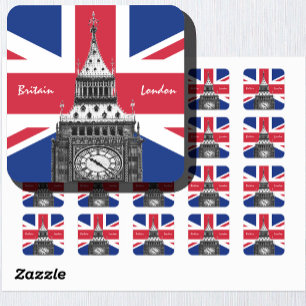 Pegatina Cuadrada Bandera británica y Big Ben - Hinchas británicos