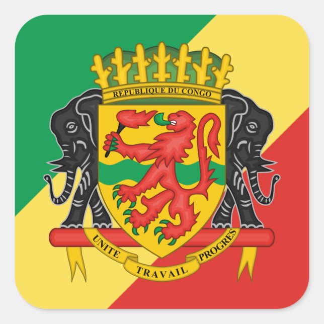 Pegatina Cuadrada Bandera congoleña y escudo de armas, República del (Anverso)