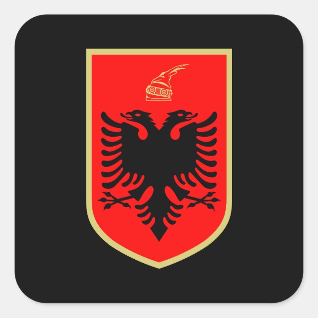 Pegatina Cuadrada Bandera de Albania, escudo de armas albanés (Anverso)